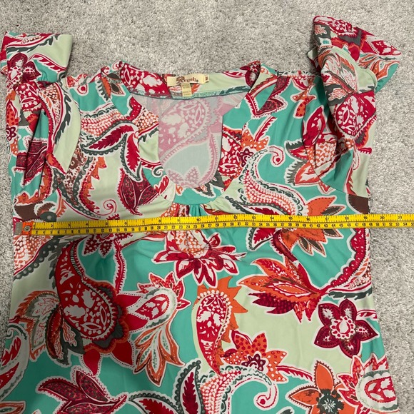 Aryeh Red Green Floral Mosaic Ruffle Bell Sleeve Sheath Scuba Dress Medium - Picture 9 of 11